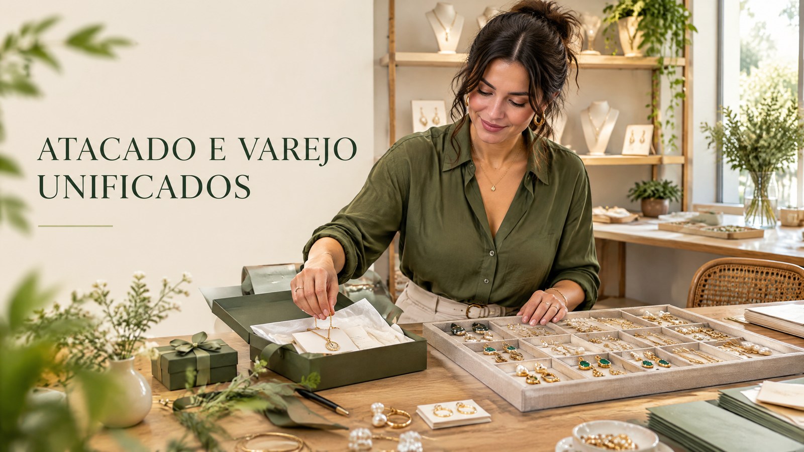 Proprietária de marca de joias organiza simultaneamente um pedido de varejo e um mostruário para lojista.