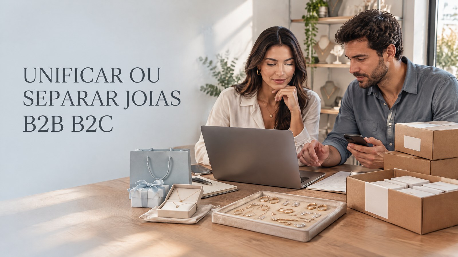 Dois profissionais organizam pedidos B2B e B2C em uma mesa com notebook, celular, caixas e joias.