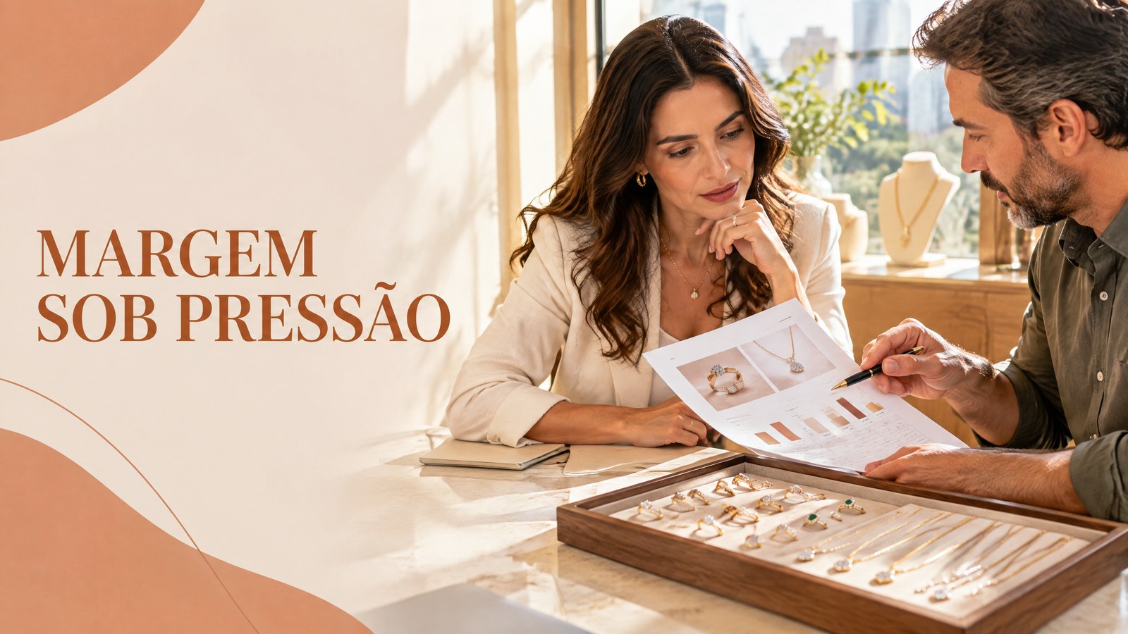Proprietária e compradora avaliam relatório de mercado e peças de joias em showroom claro.