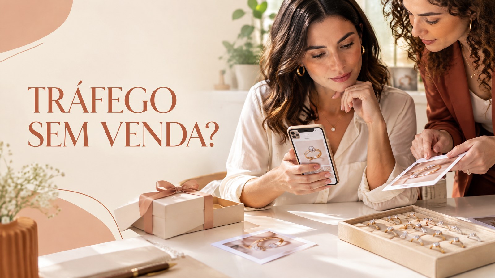 Duas profissionais analisam uma página de produto de joias no celular com fotos, caixa e mostruário.