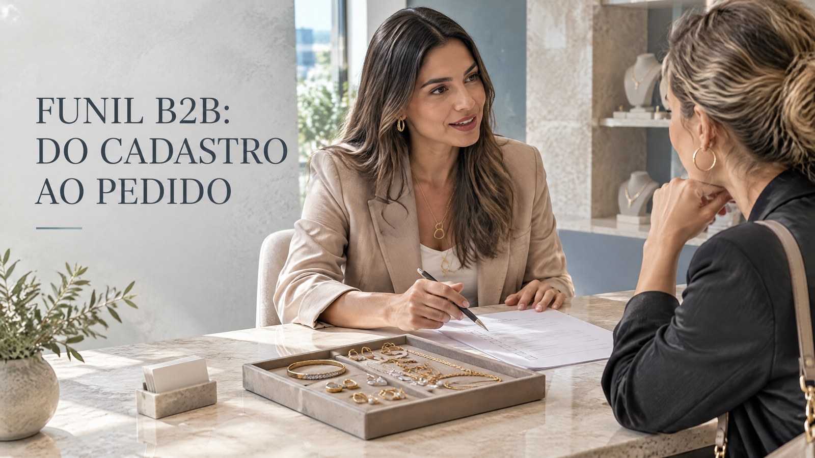 Gestora B2B e compradora de loja revisam cadastro e primeiro pedido ao lado de uma bandeja de joias.