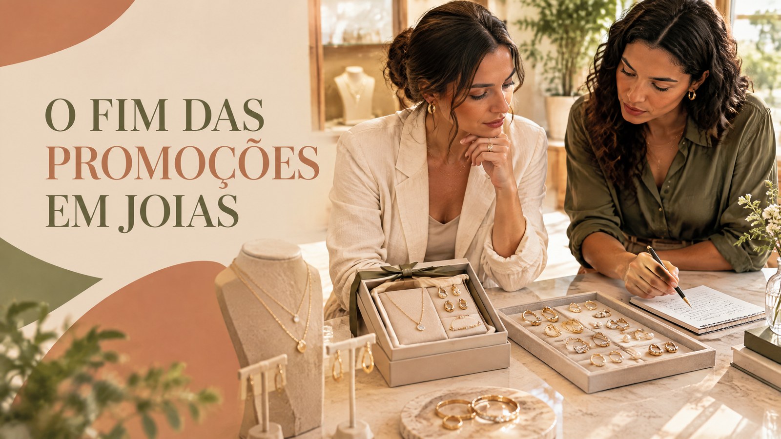 Duas profissionais avaliam kit, reposição de joias e anotações de margem em uma vitrine clara.