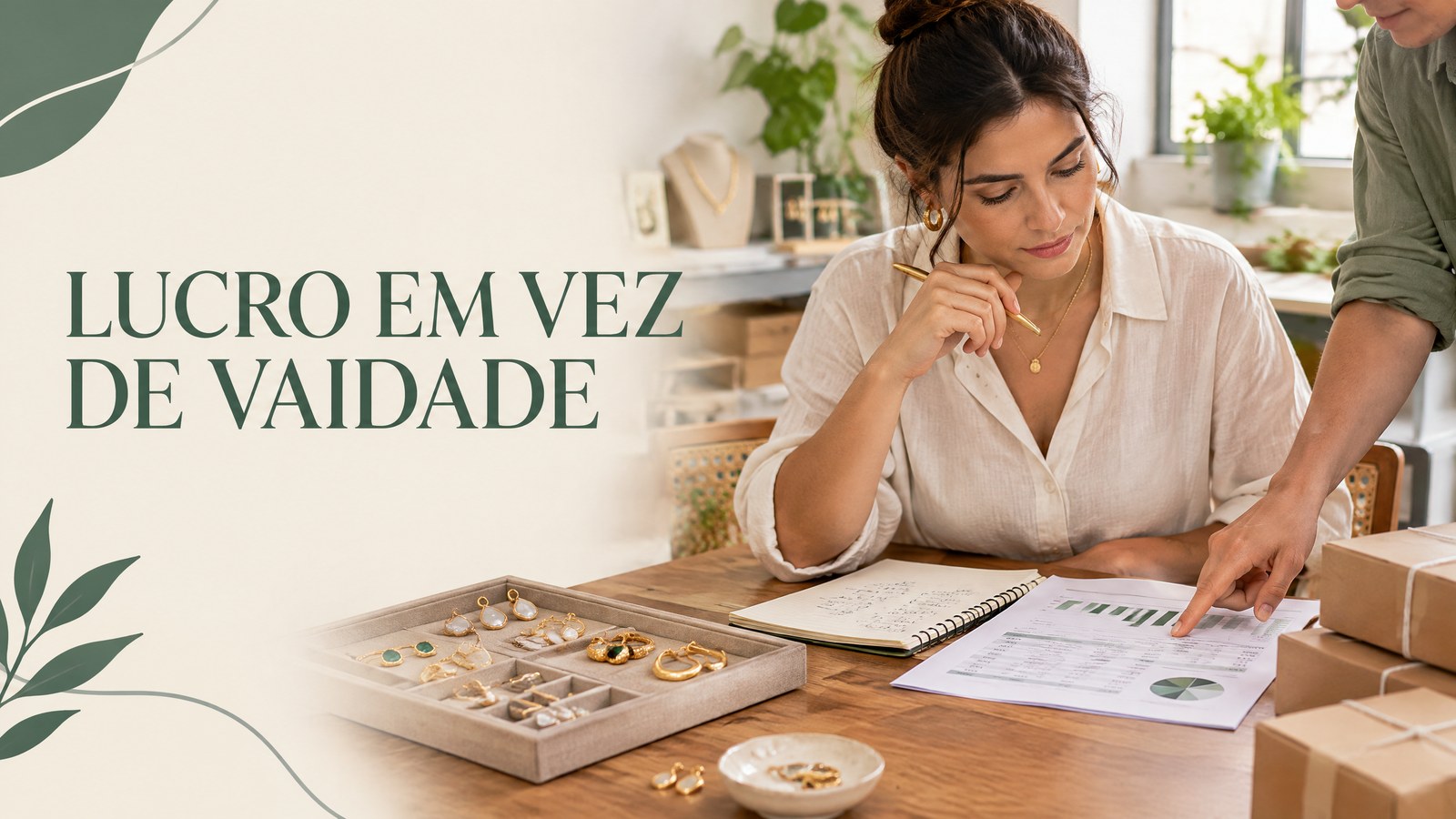 Gestora analisa relatório de KPIs e margem ao lado de joias e caixas de pedido em mesa clara.