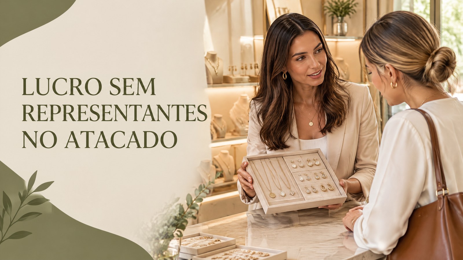Marca de semijoias apresenta um mostruário de colares e brincos diretamente a uma compradora de loja.