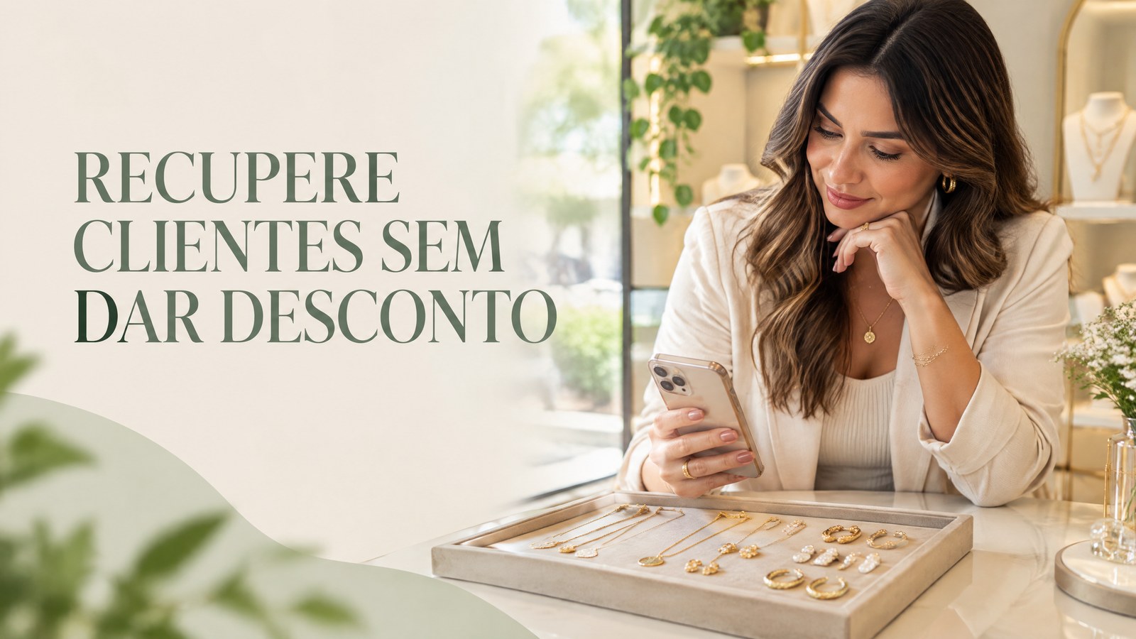 Proprietária de joalheria consultando conversas no celular diante de uma bandeja de joias, em cena de reativação de clientes.