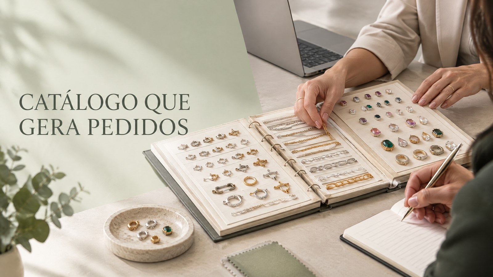 Profissional conferindo componentes metálicos, pedras e etiquetas técnicas em uma mesa de fornecimento para joias