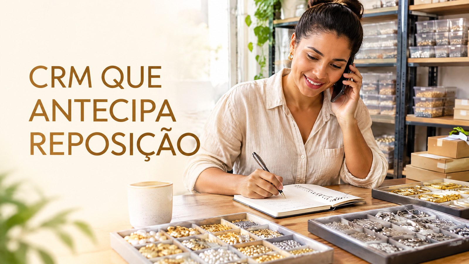 Profissional organizando metais, pedras e componentes para joias em uma mesa de fornecimento B2B