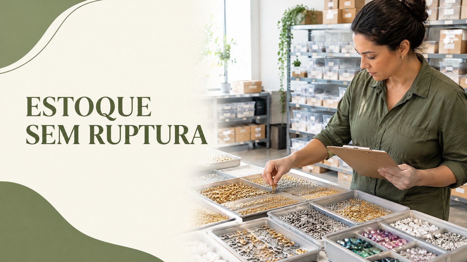 Profissional conferindo correntes, fechos, pedras e caixas de componentes em uma mesa de fornecedor B2B de insumos para joias.