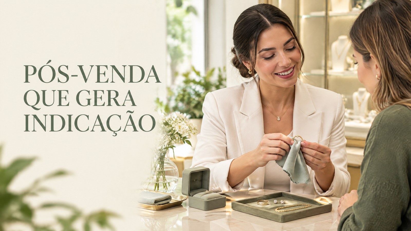 Pessoa examinando uma joia de ouro ao lado de uma flanela e peças de prata em bancada clara de joalheria
