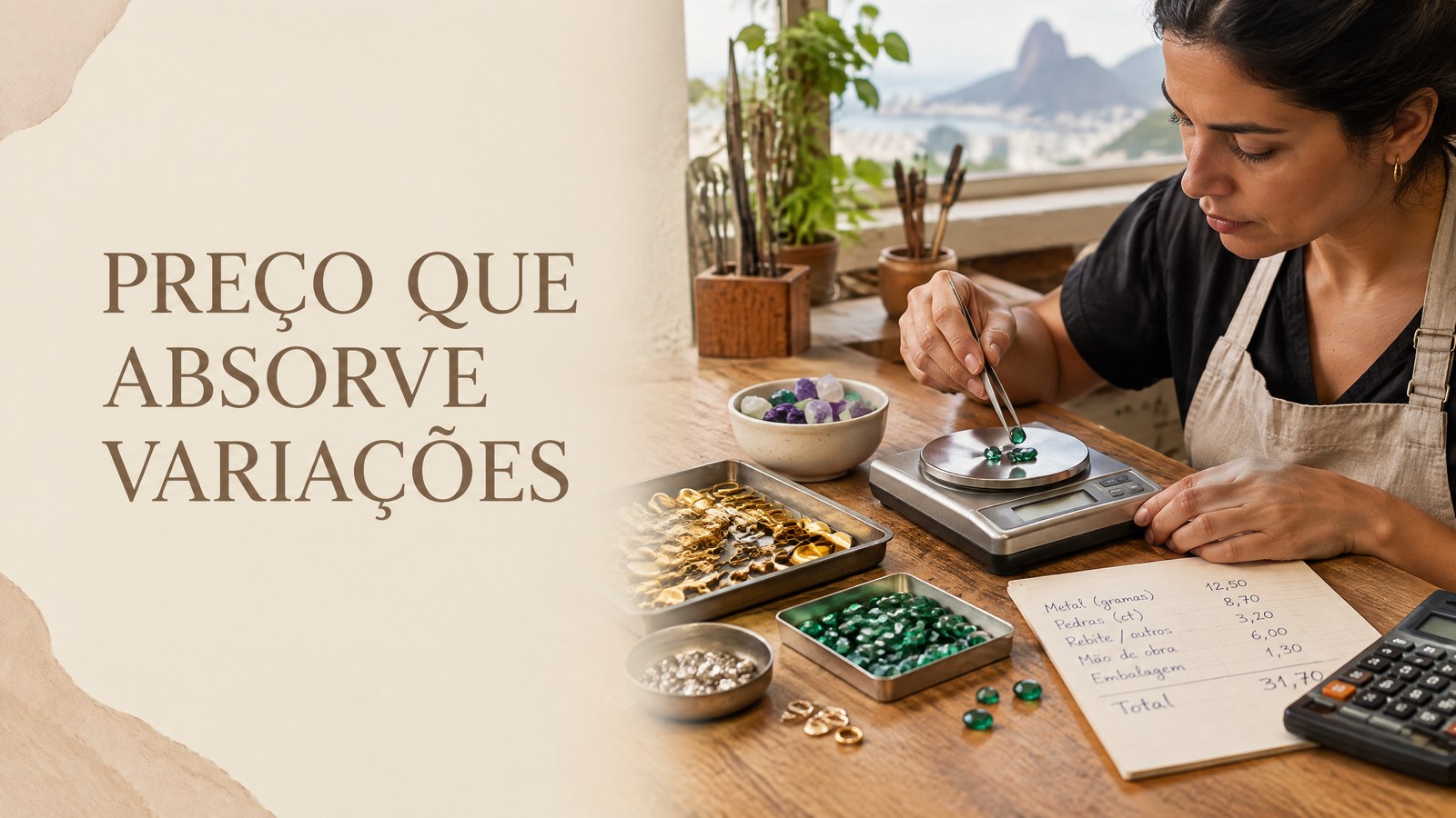Profissional conferindo bandejas com metais, pedras e componentes usados no fornecimento B2B de insumos para joias