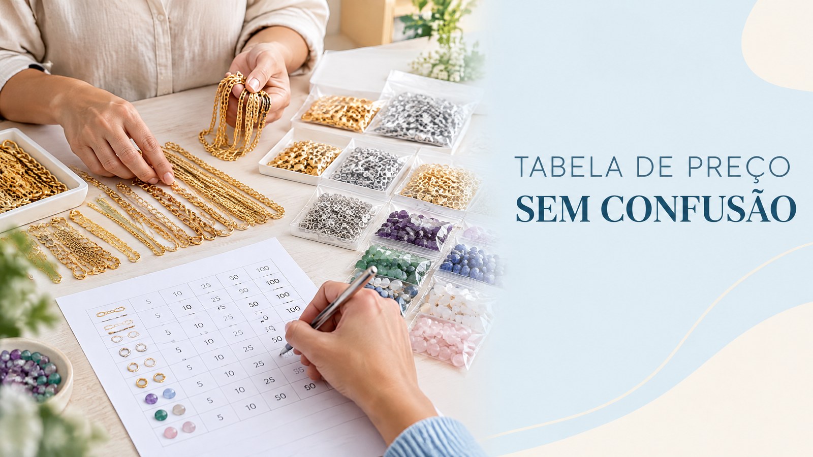 Profissional organizando correntes, pedras e componentes em uma mesa de fornecimento de insumos para joias, com planilha de preços ao lado.