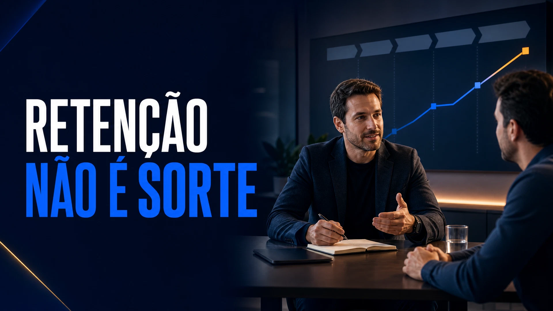 Gestora de contas conversa com cliente em reunião sobre retenção e expansão de contratos em agência.